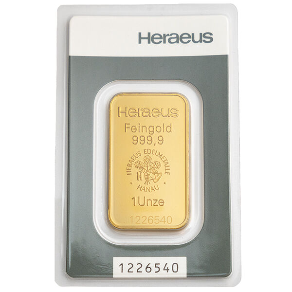 1 Unze Goldbarren Heraeus geprägt 1 Unze Goldbarren Heraeus geprägt