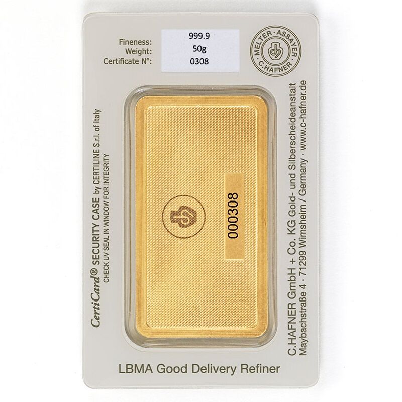 50 g Goldbarren geprägt Rückseite C.Hafner Moroder Scheideanstalt 50 g Goldbarren geprägt Rückseite C.Hafner Moroder Scheideanstalt