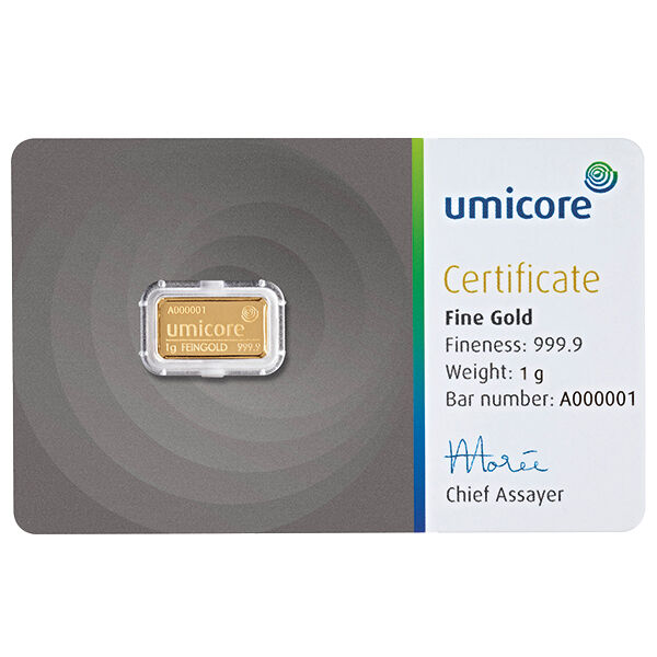 Vorderseite eines 1 g Goldbarren vom Hersteller umicore im blister