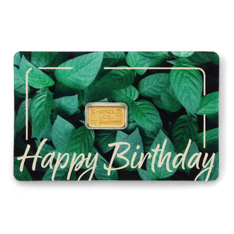 Vorderseite des 1 g C. Hafner Geschenkbarrens Happy Birthday mit sichtbarem Goldbarren