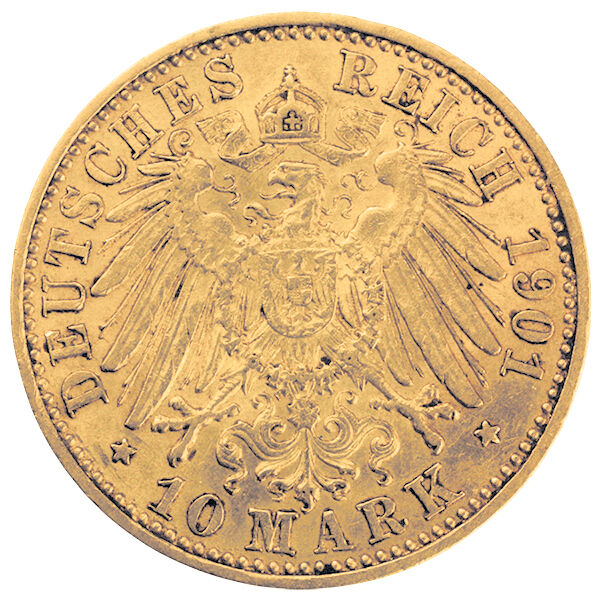 Rückseite der 10 Mark Kaiserreich Wilhelm II Goldmünze mit Wertseite, Nennwert und Jahrgang