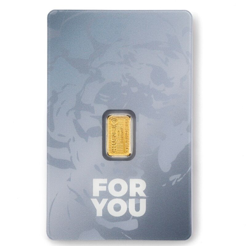 Vorderseite des 1 g C. Hafner Geschenkbarrens For You in blauem Blister mit sichtbarem Goldbarren