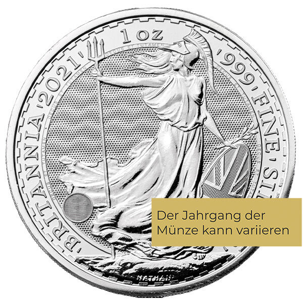 Weitere Rückseitenansicht der Britannia Silbermünze 1 Unze 2021 mit Britannia-Motiv, Feingewicht und Feingehalt