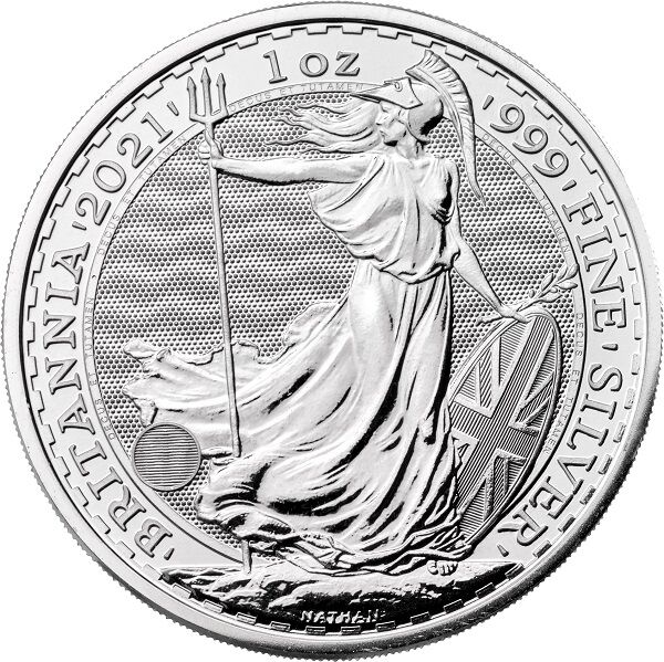 Rückseite der Britannia Silbermünze 1 Unze 2021 mit Britannia-Motiv, Feingewicht und Feingehalt