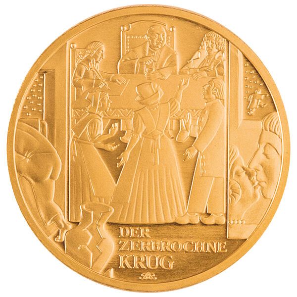 Bildseite der 100 Euro Goldmünze Der zerbrochne Krug 2024 mit Motiv zum Literaturklassiker