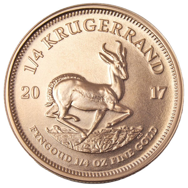 Rückseite der Krügerrand Goldmünze 1/4 Unze 2023 mit Springbock-Motiv, Feingewicht und Feingehalt