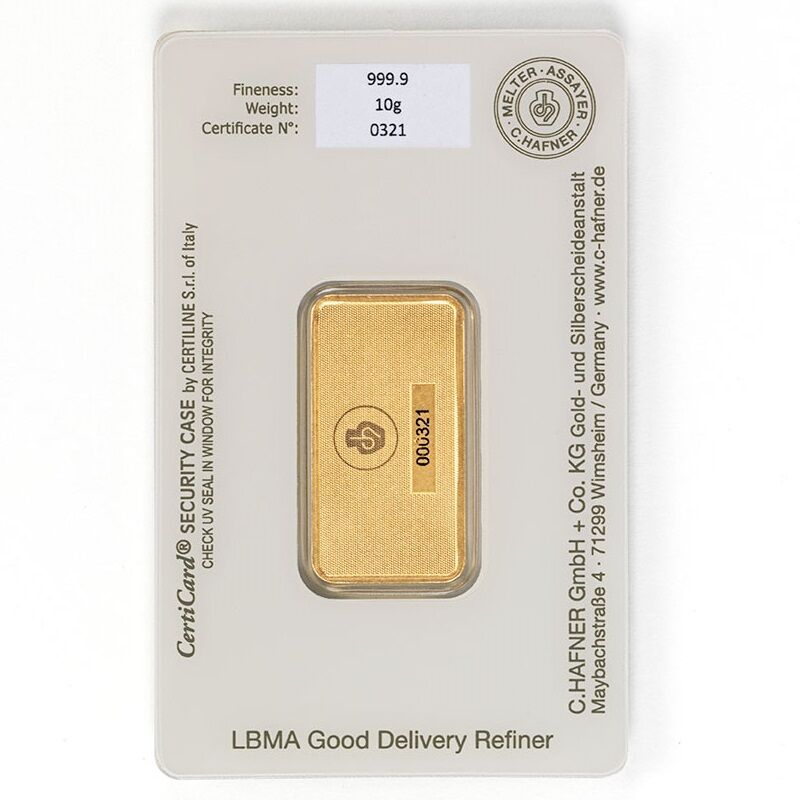Rückseite eines geprägten 10 g C. Hafner Goldbarrens mit Produktangaben