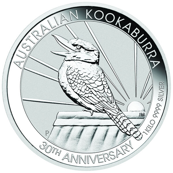 Australian Kookaburra als 1 kg Silbermünze mit ihrer Bildseite von 2020