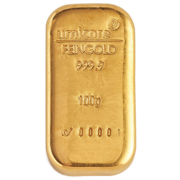 100 g Goldbarren Umicore gegossen 100 g Goldbarren Umicore gegossen