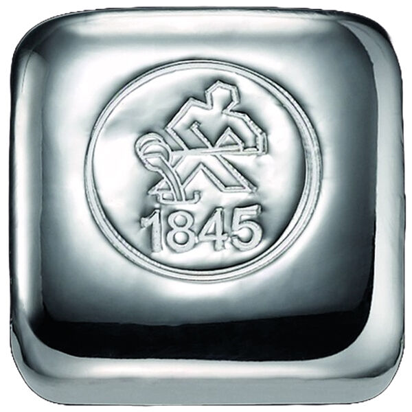 Gegossener 50 g Heimerle + Meule Silberbarren mit Herstellerlogo, Feingewicht und Feinheitsangabe