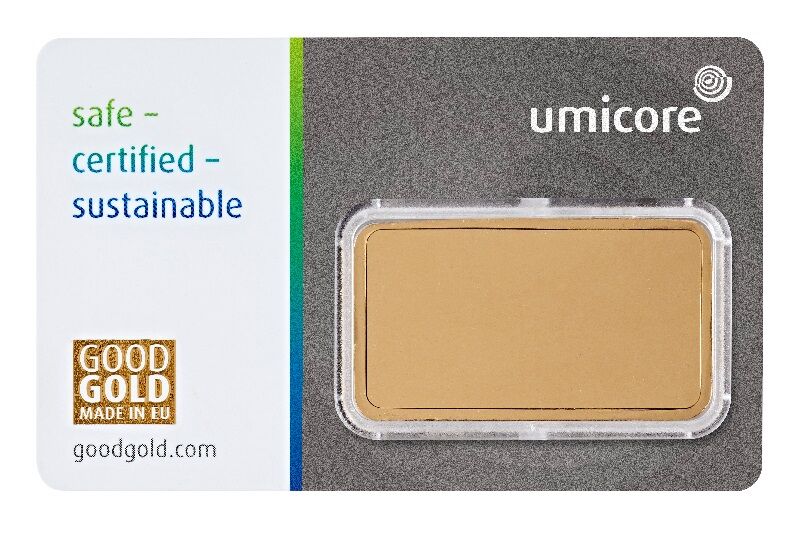 Rückseite eines 5 g Umicore Goldbarrens im Blister mit Produktangaben