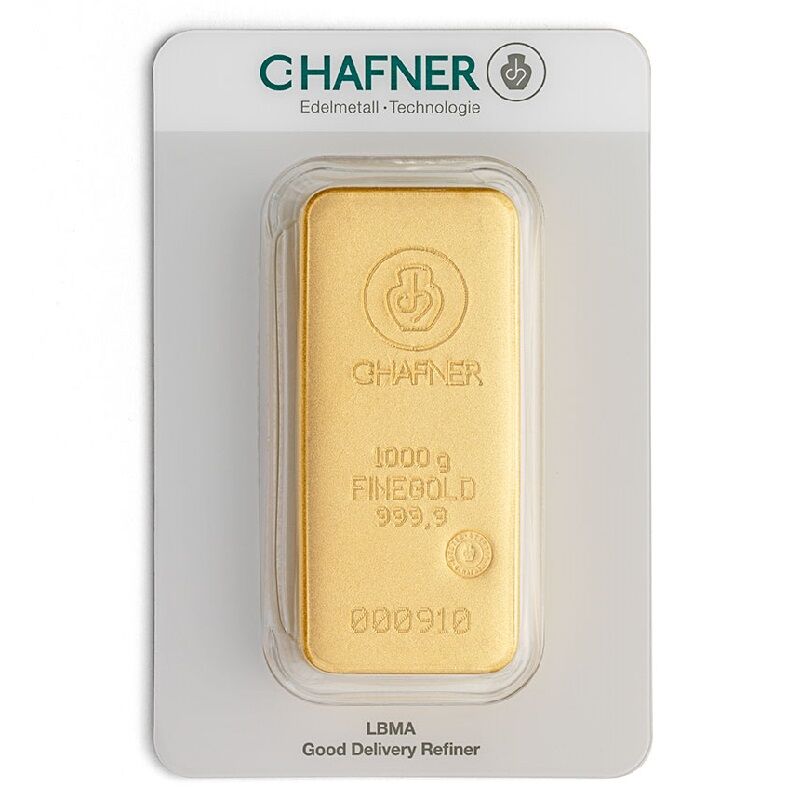 Vorderseite eines 1 kg C. Hafner Goldbarrens mit Herstellerlogo, Feingewicht und Feinheitsangabe