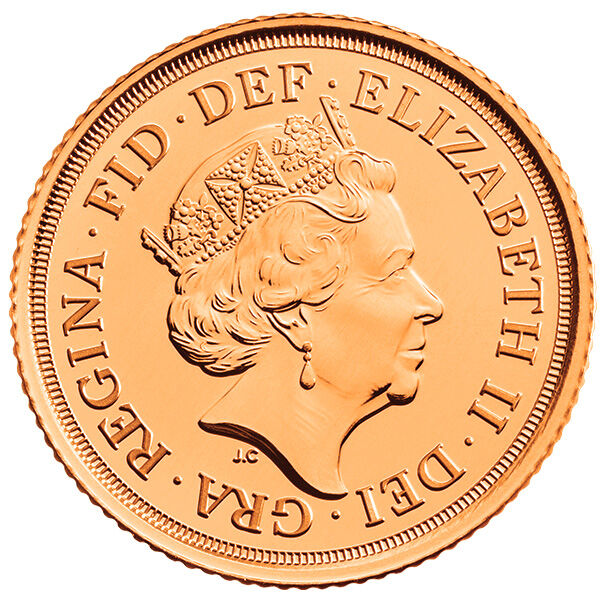 Vorderseite der Sovereign Goldmünze Full Sovereign 1 Pound 2019 mit Monarchenporträt, Nennwert und Jahrgang