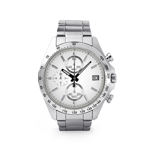 Chronograph Silber Sportlicher Chronograph mit silbernem Armband gehören zu den beliebten Uhrentypen