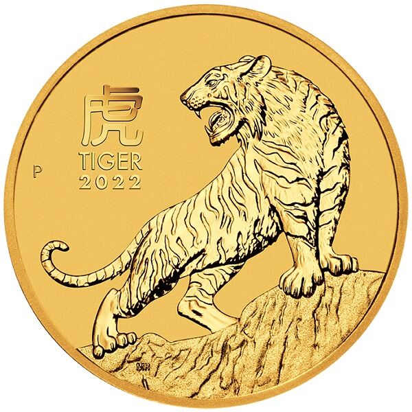 Rückseite der Lunar III Tiger Goldmünze 1/10 Unze 2022 mit Tiger-Motiv, Feingewicht und Feingehalt