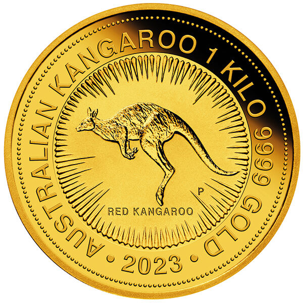 Vorderseite der Australian Kangaroo Goldmünze 1 kg 2023 mit Monarchenporträt, Nennwert und Jahrgang