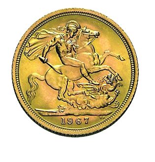 Vorderseite einer britischen 1 Pfund Goldmünze mit Monarchenporträt und Umschrift