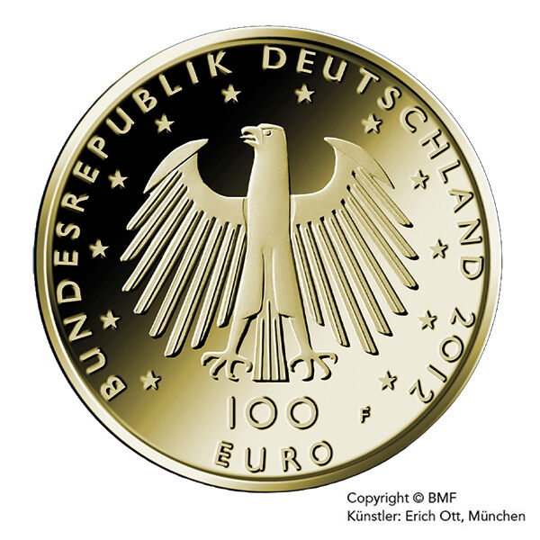 Goldeuro 100 € 1/2 Unze 2012 Aachener Dom Wertseite Goldeuro 100 € von 2012 Aachener Dom zeigt auf der Wertseite den Bundesadler