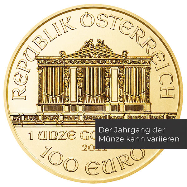 Weitere Vorderseitenansicht der Wiener Philharmoniker Goldmünze 1 Unze 2022 mit Orgelmotiv, Nennwert und Jahrgang