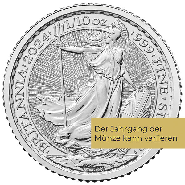 Weitere Rückseitenansicht der Britannia Silbermünze 1/10 Unze 2024 mit Britannia-Motiv, Feingewicht und Feingehalt