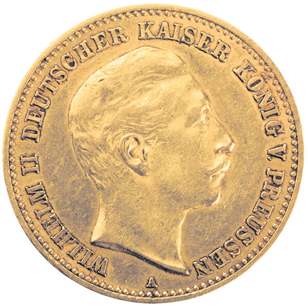 Vorderseite der 10 Mark Kaiserreich Goldmünze Wilhelm II. mit Kaiserporträt