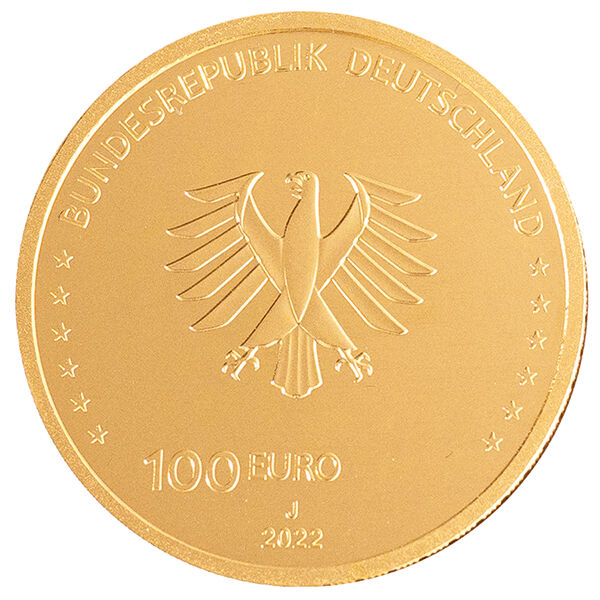 Wertseite der 100 Euro Goldmünze Freiheit 2022 mit Bundesadler, Nennwert und Jahrgang