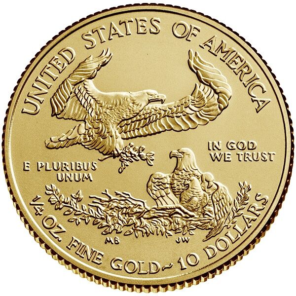 Rückseite der American Eagle Goldmünze 1/4 Unze mit Adler-Motiv und Angaben zu Feingewicht und Feingehalt
