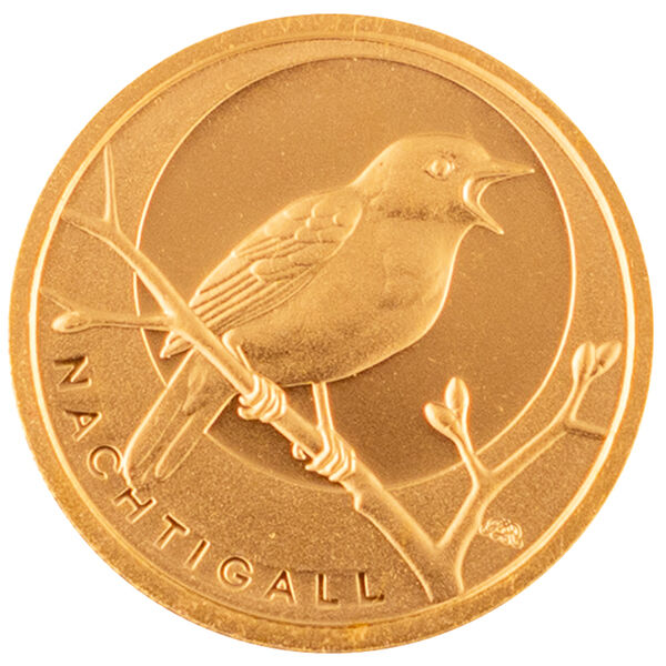 Vorderseite der 20 Euro Goldmünze Heimische Vögel 2016 mit Bundesadler, Nennwert und Prägejahr