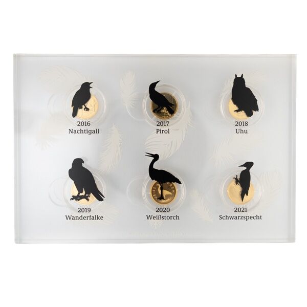 20 Euro Goldmünzen der Serie Heimische Vögel als Komplett-Set in Folienverpackung
