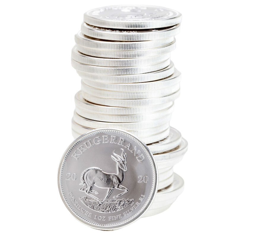 Krugerrand-Silber-1oz-gestapelte-Muenzen Krügerand 1 Unze Silber gestapelt bei der Moroder Scheideanstalt