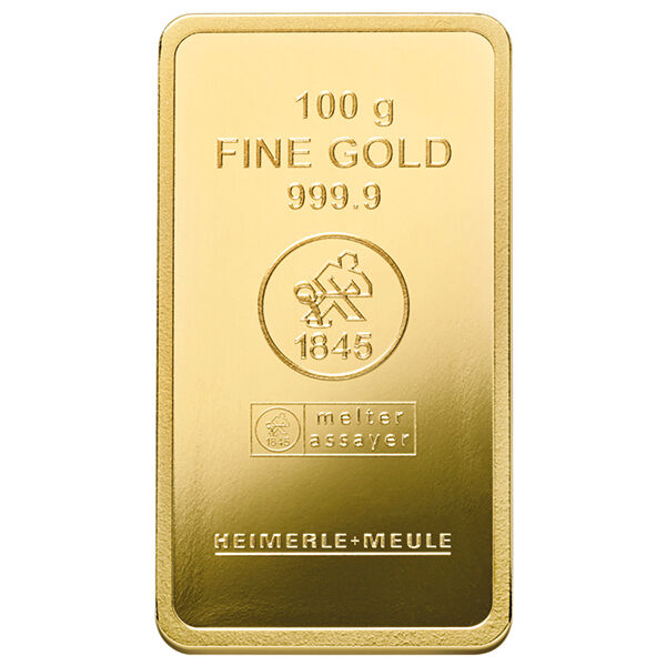 100 g Goldbarren Heimerle und Meule geprägt 100 g Goldbarren Heimerle und Meule geprägt