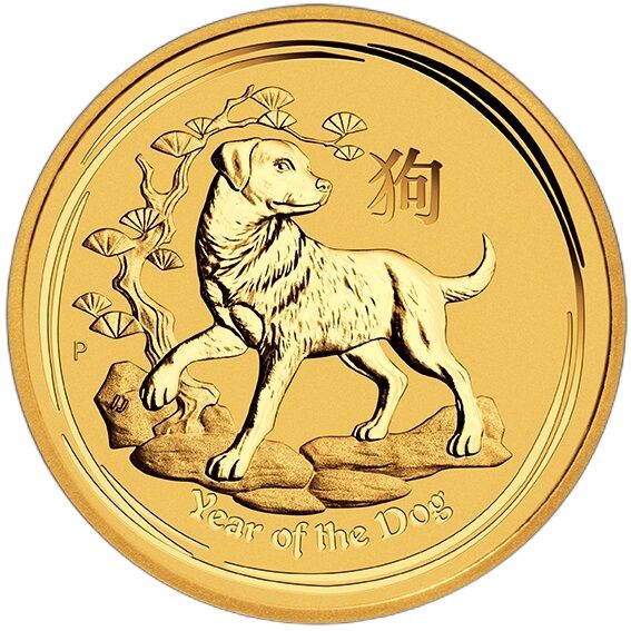 Rückseite der Lunar II Hund Goldmünze 2018 mit Hund-Motiv, Feingewicht und Feingehalt