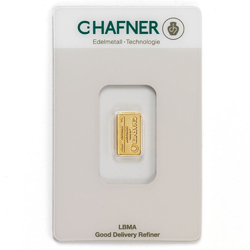 Vorderseite eines geprägten 1 g C. Hafner Goldbarrens mit Herstellerlogo, Feingewicht und Feinheitsangabe
