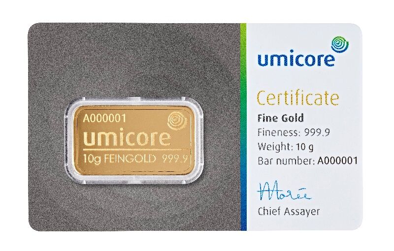 10g Goldbarren geprägt im Blister Vorderseite Umicore 10g Goldbarren geprägt im Blister Vorderseite Umicore