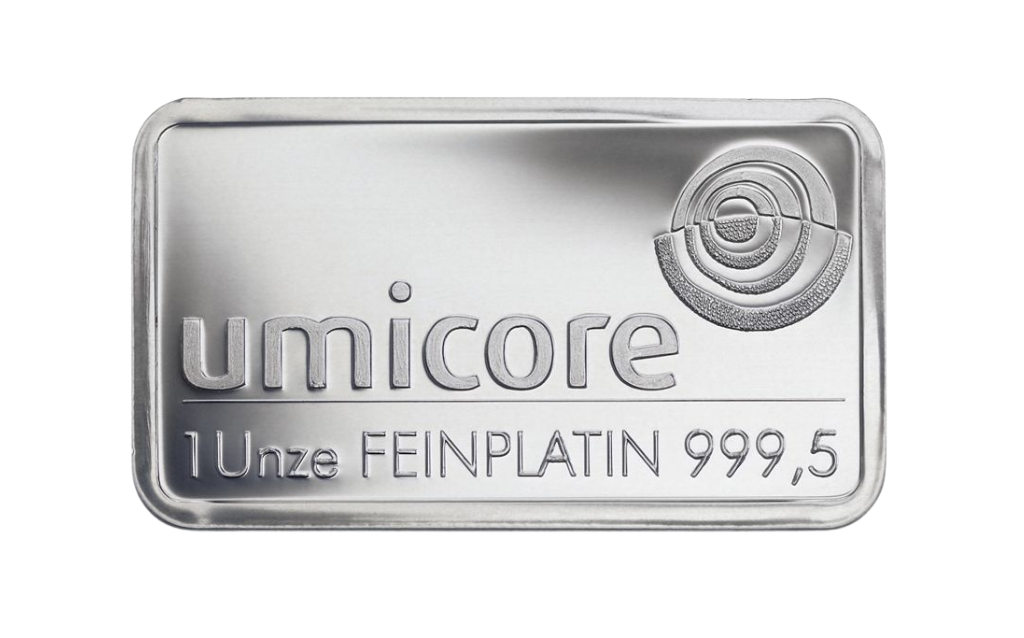 Platinbarren 1 Unze von Umicore als Beispiel für Platinbarren im Ankauf und Verkauf