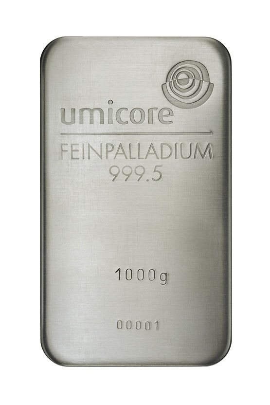 Vorderseite eines 1 kg Umicore Palladiumbarrens mit Herstellerlogo, Feingewicht und Feinheitsangabe
