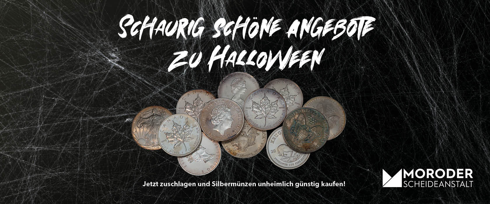 Halloween Aktionsbanner 2025 für Silbermünzen mit saisonaler Gestaltung