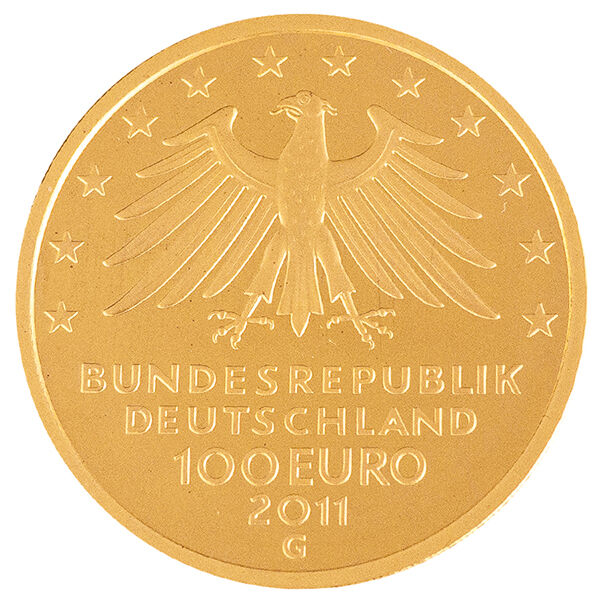 Wertseite der 100 Euro Goldmünze Wartburg 2011 mit Bundesadler, Nennwert und Prägejahr