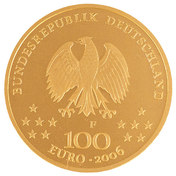 Bildseite der 100 Euro Goldmünze Klassisches Weimar 2006 mit dem Motiv des Weimarer UNESCO Welterbes
