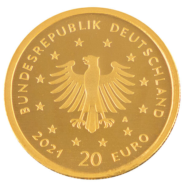 Rückseite der 20 Euro Goldmünze Heimische Vögel 2021 mit Schwarzspecht als Münzmotiv