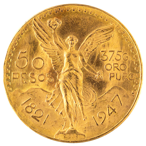 Vorderseite der Mexiko 50 Pesos Centenario Goldmünze 1947 mit Siegesgöttin Victoria, Vulkanen und Nennwert
