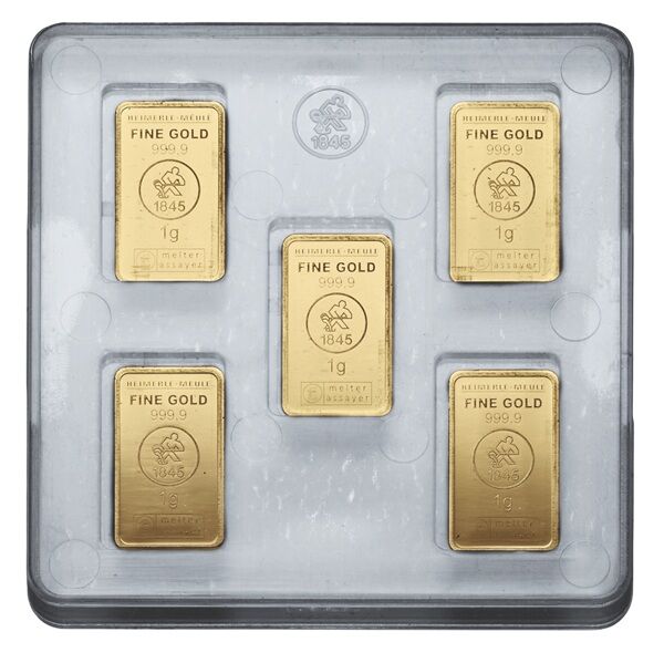 Vorderseite der Heimerle + Meule UnityBox mit 10 einzelnen 1 g Goldbarren
