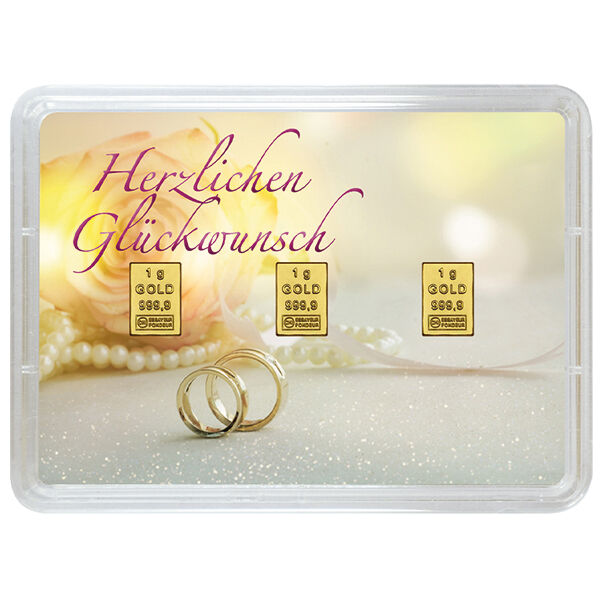 3 x 1 g Goldbarren Zur Hochzeit Valcambi LBMA zertifiziert 3 x 1 g Goldbarren Zur Hochzeit Valcambi LBMA zertifiziert