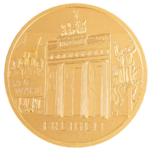 Bildseite der 100 Euro Goldmünze Freiheit 2022 mit Motiv der Serie Säulen der Demokratie