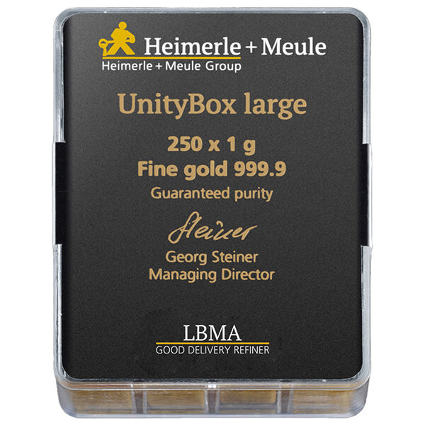 250 x 1 g Goldbarren UnityBox Heimerle und Meule LBMA zertifiziert 250 x 1 g Goldbarren UnityBox Heimerle und Meule LBMA zertifiziert