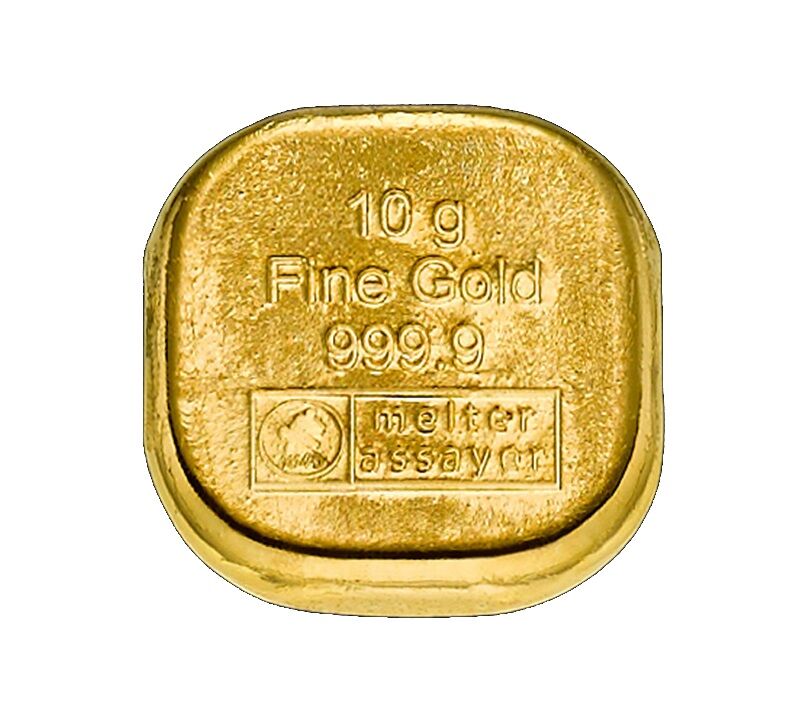 Vorderseite eines gegossenen 10 g Heimerle + Meule Goldbarrens mit Herstellerlogo, Feingewicht und Feinheitsangabe