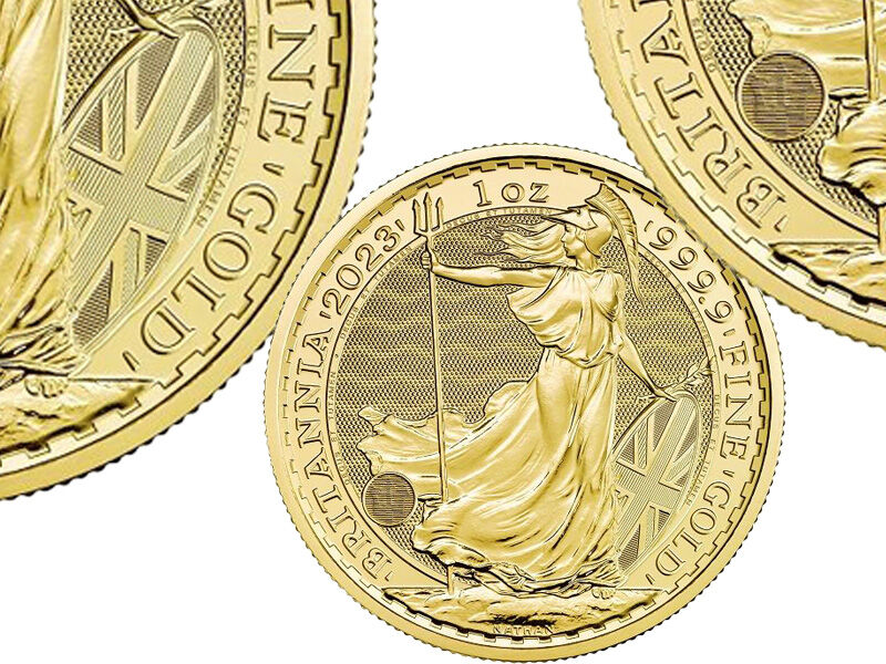 Detailansicht einer Britannia Goldmünze zur Prüfung von Echtheit und Sicherheitsmerkmalen