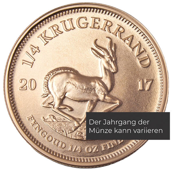 Weitere Rückseitenansicht der Krügerrand Goldmünze 1/4 Unze 2023 mit Springbock-Motiv, Feingewicht und Feingehalt
