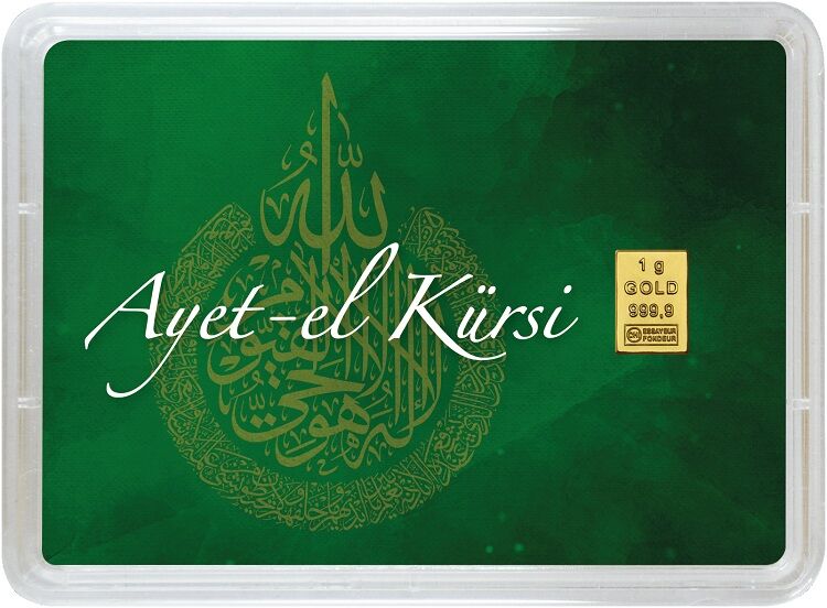 Vorderseite einer türkischen Hochzeits-Geschenkkarte mit 1 g Goldbarren und Ayet-el-Kürsi-Motiv