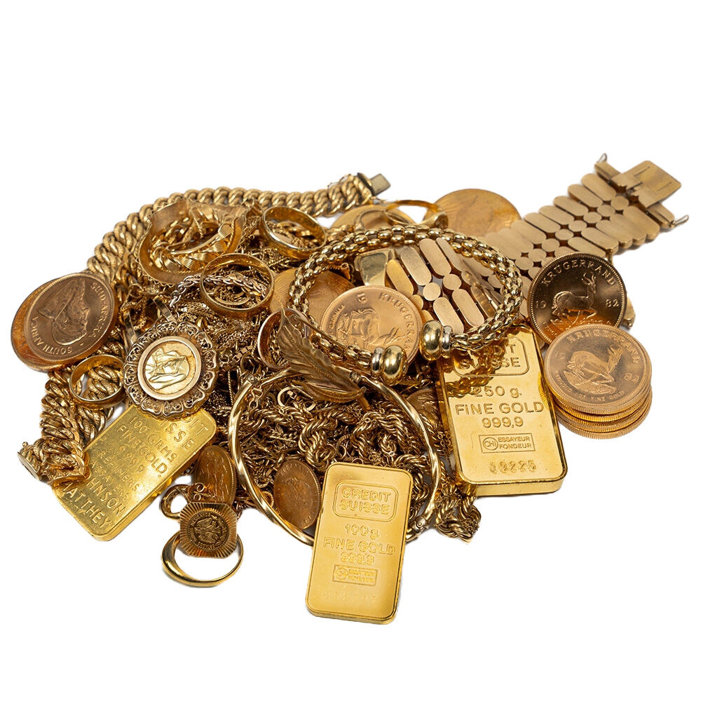 Goldmünzen, Goldschmuck und Goldbarren als Beispiele für den Altgoldverkauf